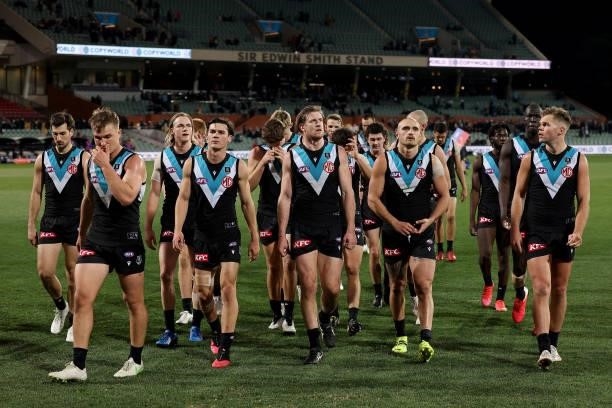 The Power after their loss during the 2021 AFL Round 17 match between the Port Adelaide Power and the Melbourne Demons at Adelaide Oval on July 8,...