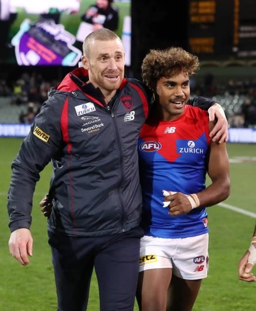 Simon Goodwin, Senior Coach of the Demons with Kysaiah Pickett after the win during the 2021 AFL Round 17 match between the Port Adelaide Power and...