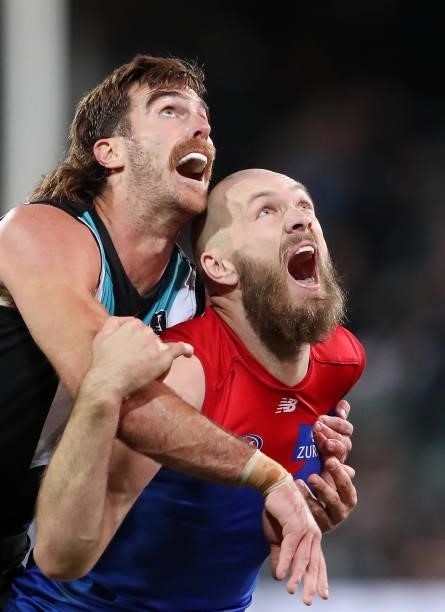 Scott Lycett of the Power and Max Gawn of the Demons during the 2021 AFL Round 17 match between the Port Adelaide Power and the Melbourne Demons at...