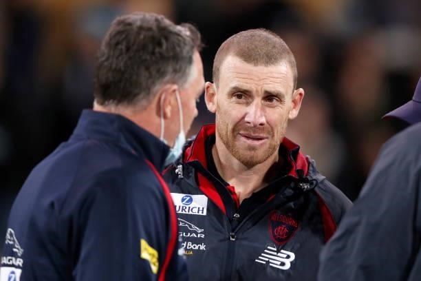 Simon Goodwin, Senior Coach of the Demons during the 2021 AFL Round 17 match between the Port Adelaide Power and the Melbourne Demons at Adelaide...