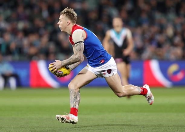 James Harmes of the Demons during the 2021 AFL Round 17 match between the Port Adelaide Power and the Melbourne Demons at Adelaide Oval on July 8,...