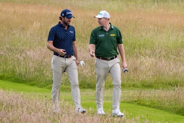 Scott Jamieson and Stephen Gallagher are pictured during the abrdn Scottish Open day one at the Renaissance Club on July 08 in Berwick, Scotland.