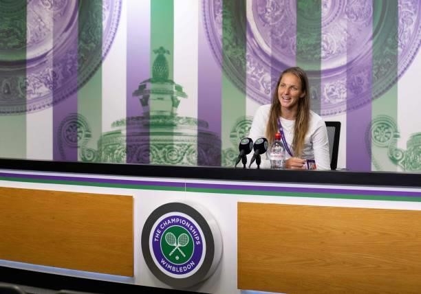 Czech Republic's Karolina Pliskova attends a press conference after winning her women's semi-final match against Belarus's Aryna Sabalenka on the...