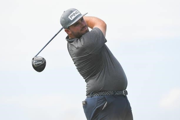 Greg Yates tees off on the fourth hole during the first round of the Korn Ferry Tours TPC Colorado Championship at Heron Lakes on July 8, 2021 in...