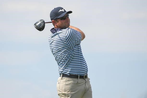 Dan McCarthy tees off on the fourth tee box during the first round of the Korn Ferry Tours TPC Colorado Championship at Heron Lakes on July 8, 2021...