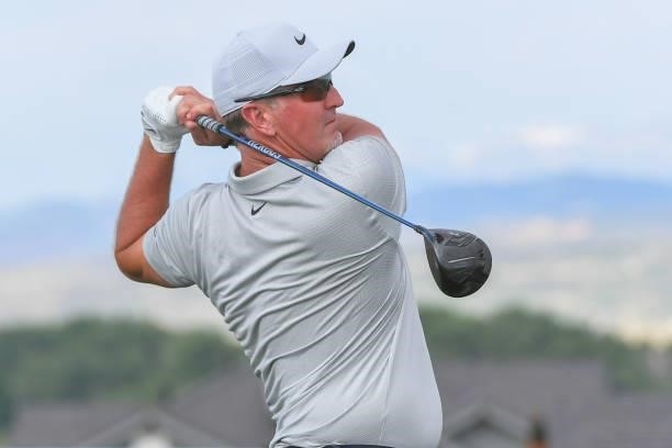 David Duval plays a tee shot on the fourth hole during the first round of the Korn Ferry Tours TPC Colorado Championship at Heron Lakes on July 8,...
