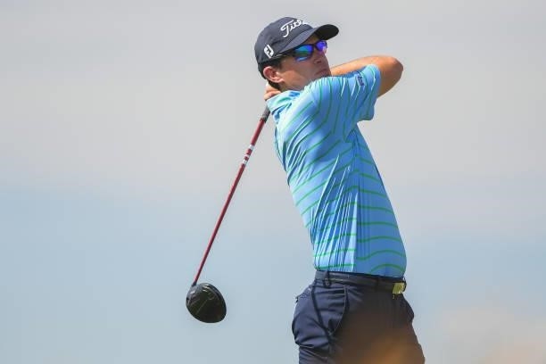 Drew Weaver tees off on the fourth hole during the first round of the Korn Ferry Tours TPC Colorado Championship at Heron Lakes on July 8, 2021 in...
