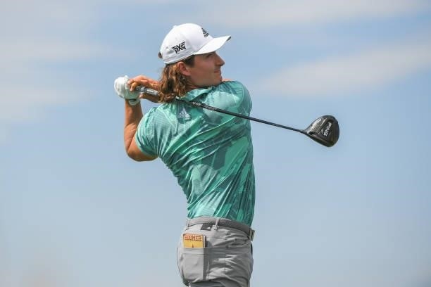 Charlie Saxon tees off on the fourth hole during the first round of the Korn Ferry Tours TPC Colorado Championship at Heron Lakes on July 8, 2021 in...