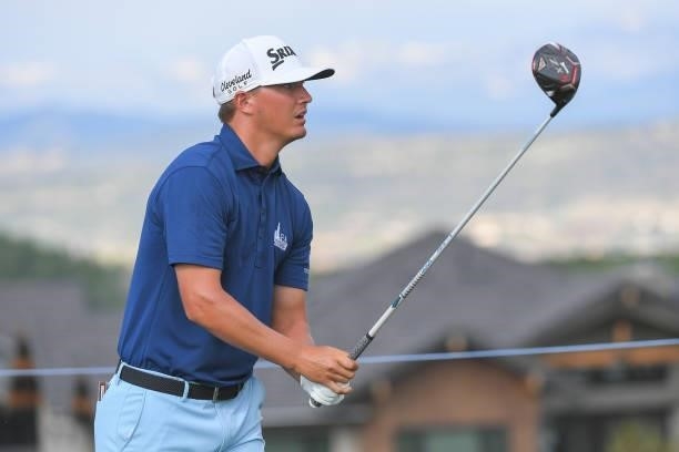 Max McGreevy watches his drive on the fourth tee box during the first round of the Korn Ferry Tours TPC Colorado Championship at Heron Lakes on July...