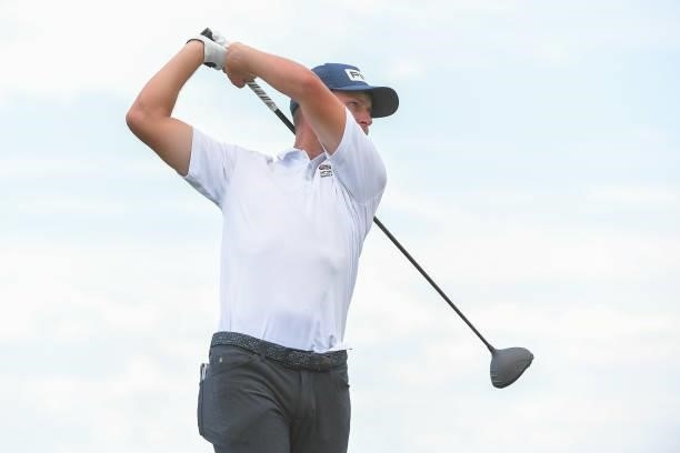 Josh McCarthy tees off on the fourth hole during the first round of the Korn Ferry Tours TPC Colorado Championship at Heron Lakes on July 8, 2021 in...