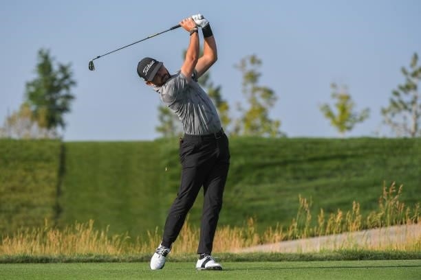 Hayden Buckley hits a tee shot on the second hole during the first round of the Korn Ferry Tours TPC Colorado Championship at Heron Lakes on July 8,...