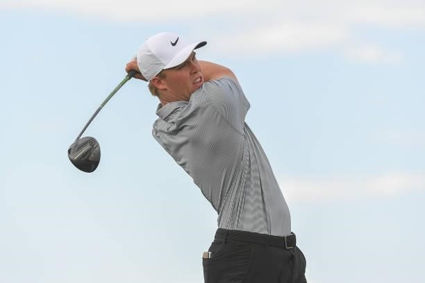 Nick Hardy plays a tee shot on the fourth hole during the first round of the Korn Ferry Tours TPC Colorado Championship at Heron Lakes on July 8,...