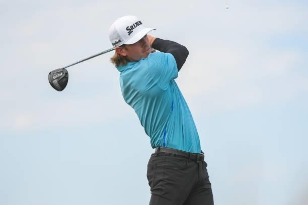 Jake Knapp plays a tee shot on the fourth hole during the first round of the Korn Ferry Tours TPC Colorado Championship at Heron Lakes on July 8,...