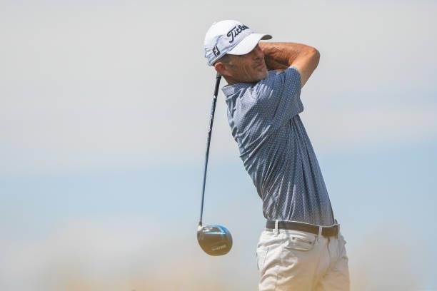 Jonathan Kaye tees off on the fourth tee box during the first round of the Korn Ferry Tours TPC Colorado Championship at Heron Lakes on July 8, 2021...