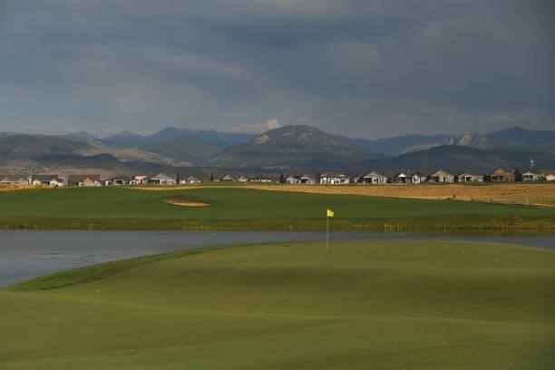View of the second green during the first round of the Korn Ferry Tours TPC Colorado Championship at Heron Lakes on July 8, 2021 in Berthoud,...