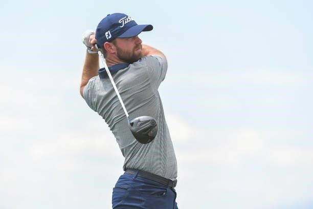 Will Cannon tees off on the fourth hole during the first round of the Korn Ferry Tours TPC Colorado Championship at Heron Lakes on July 8, 2021 in...