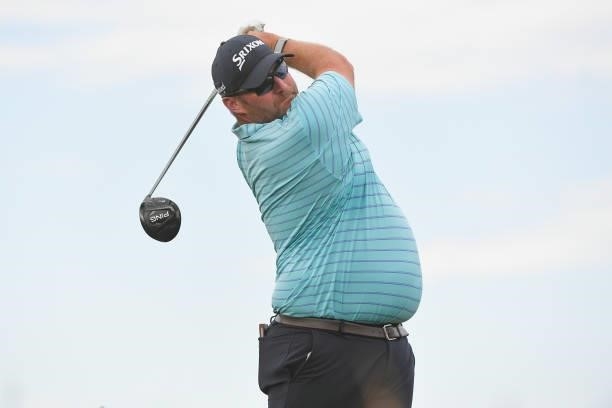 Mark Blakefield tees off on the fourth hole during the first round of the Korn Ferry Tours TPC Colorado Championship at Heron Lakes on July 8, 2021...