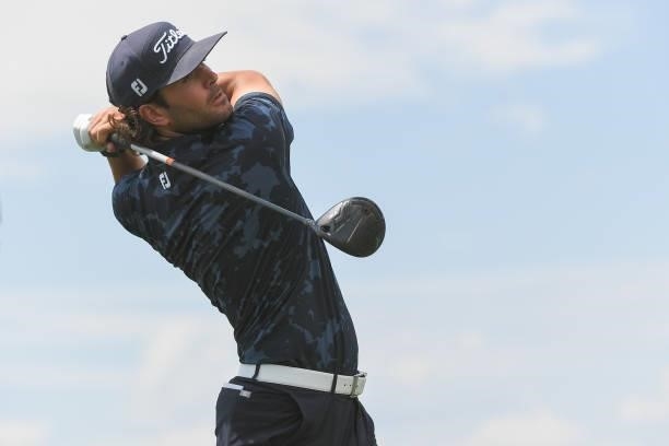 Callum Tarren tees off on the fourth hole during the first round of the Korn Ferry Tours TPC Colorado Championship at Heron Lakes on July 8, 2021 in...