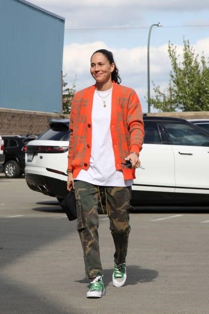 Sue Bird of the Seattle Storm arrives to the arena before the game Los Angeles Sparks on July 7, 2021 at the Angel of the Winds Arena, in Everett,...