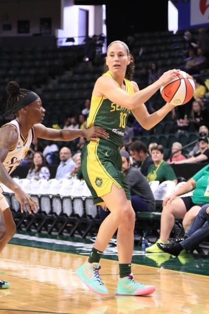 Sue Bird of the Seattle Storm handles the ball during the game against the Los Angeles Sparks on July 7, 2021 at the Angel of the Winds Arena, in...