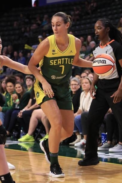 Stephanie Talbot of the Seattle Storm dribbles the ball during the game against the Los Angeles Sparks on July 7, 2021 at the Angel of the Winds...