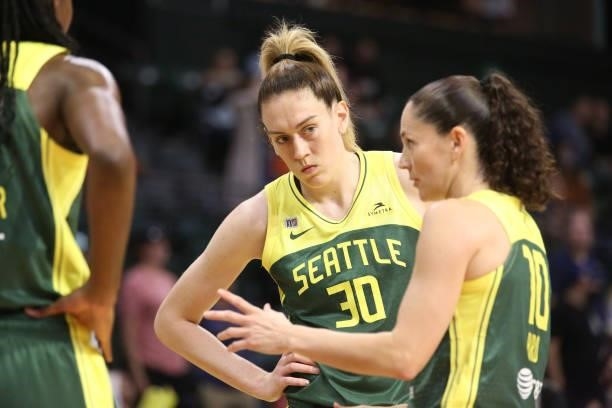 Breanna Stewart talks with Sue Bird of the Seattle Storm during the game against the Los Angeles Sparks on July 7, 2021 at the Angel of the Winds...