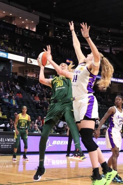 Breanna Stewart of the Seattle Storm shoots the ball during the game against the Los Angeles Sparks on July 7, 2021 at the Angel of the Winds Arena,...