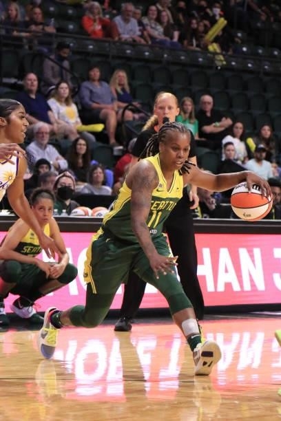 Epiphanny Prince of the Seattle Storm dribbles the ball during the game against the Los Angeles Sparks on July 7, 2021 at the Angel of the Winds...