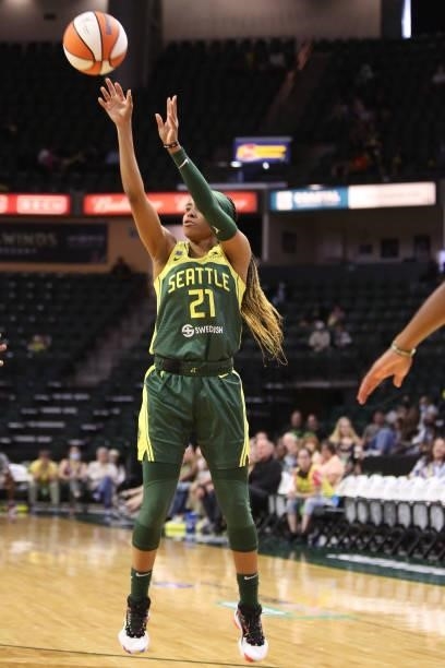 Jordin Canada of the Seattle Storm shoots the ball during the game against the Los Angeles Sparks on July 7, 2021 at the Angel of the Winds Arena, in...
