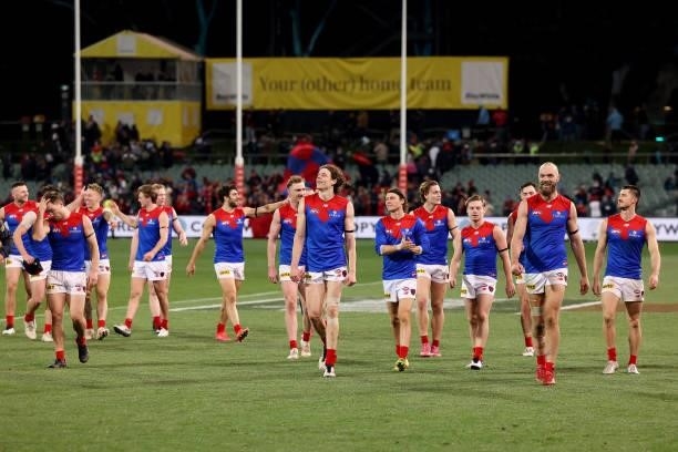 The Demons after their win during the 2021 AFL Round 17 match between the Port Adelaide Power and the Melbourne Demons at Adelaide Oval on July 8,...