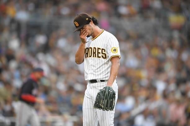 Yu Darvish of the San Diego Padres leaves the game during the third inning of a baseball game against Washington Nationals at PETCO Park on July 8,...