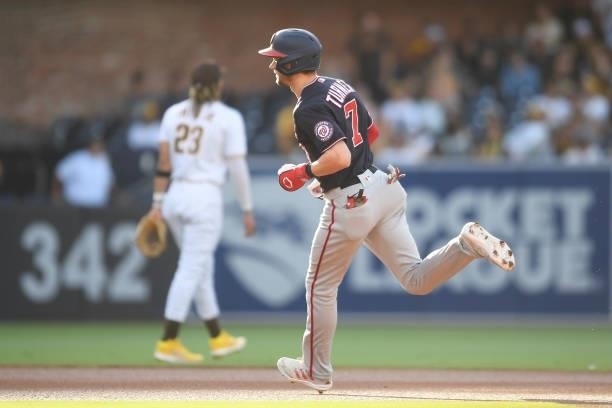 Trea Turner of the Washington Nationals rounds the bases after hitting a solo home run during the first inning of a baseball game against San Diego...