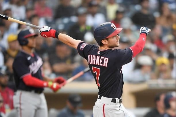 Trea Turner of the Washington Nationals hits a two-run home run during the fourth inning of a baseball game against San Diego Padres at PETCO Park on...