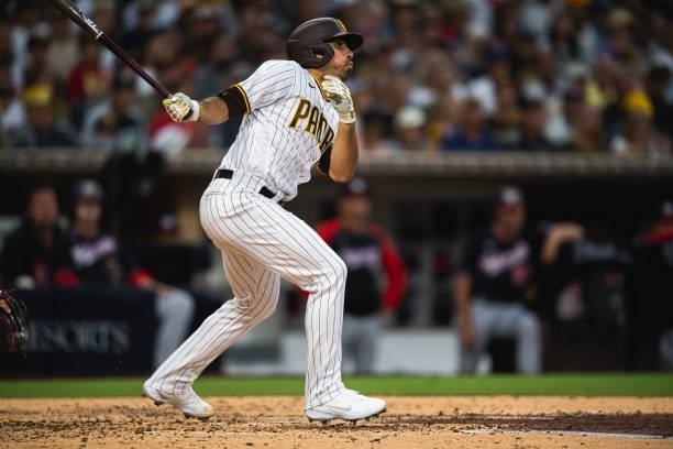 Daniel Camarena of the San Diego Padres hits a grand slam home run in the fourth inning against the Washington Nationals on July 8, 2021 at Petco...