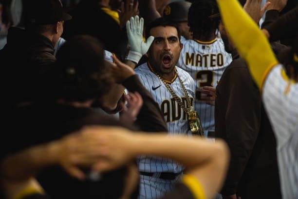 Daniel Camarena of the San Diego Padres celebrates after hitting a grand slam home run in the fourth inning against the Washington Nationals on July...