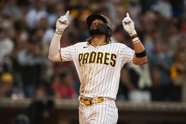 Fernando Tatis Jr of the San Diego Padres celebrates after hitting a home run in the fourth inning against the Washington Nationals on July 8, 2021...