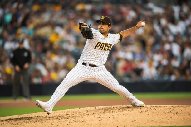 Daniel Camarena pitches in the fourth inning against the Washington Nationals on July 8, 2021 at Petco Park in San Diego, California.