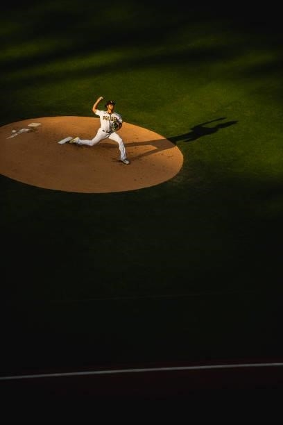 Yu Darvish pitches in the first inning against the Washington Nationals on July 8, 2021 at Petco Park in San Diego, California.