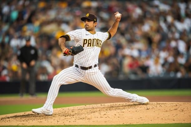 Daniel Camarena pitches in the fourth inning against the Washington Nationals on July 8, 2021 at Petco Park in San Diego, California.