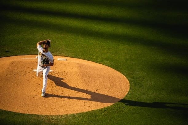 Yu Darvish pitches in the second inning against the Washington Nationals on July 8, 2021 at Petco Park in San Diego, California.