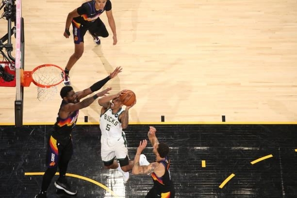 Jeff Teague of the Milwaukee Bucks drives to the basket against the Phoenix Suns during Game Two of the 2021 NBA Finals on July 8, 2021 at Phoenix...