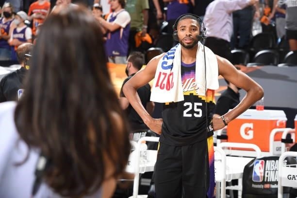 Mikal Bridges of the Phoenix Suns talks to the media after the game against the Milwaukee Bucks during Game Two of the 2021 NBA Finals on July 8,...