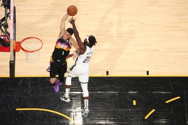 Devin Booker of the Phoenix Suns drives to the basket against the Milwaukee Bucks during Game Two of the 2021 NBA Finals on July 8, 2021 at Phoenix...