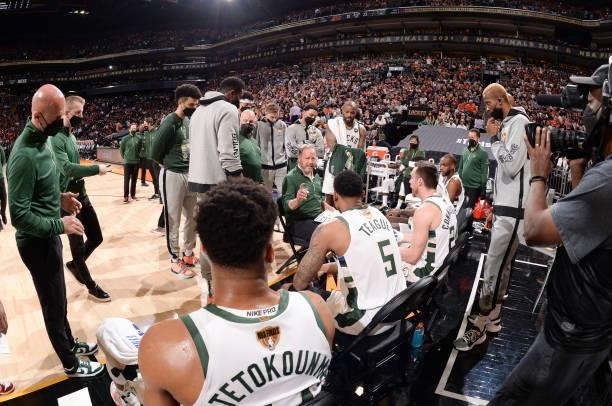 Head Coach Mike Budenholzer of the Milwaukee Bucks talks to the team during the game against the Phoenix Suns during Game Two of the 2021 NBA Finals...