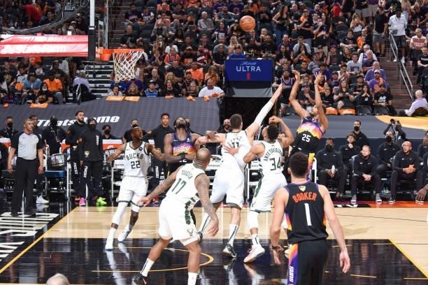 Mikal Bridges of the Phoenix Suns shoots the ball during the game against the Milwaukee Bucks during Game Two of the 2021 NBA Finals on July 8, 2021...
