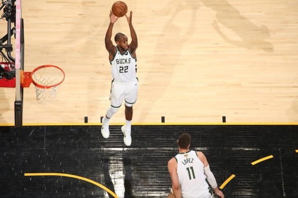 Khris Middleton of the Milwaukee Bucks rebounds the ball against the Phoenix Suns during Game Two of the 2021 NBA Finals on July 8, 2021 at Phoenix...