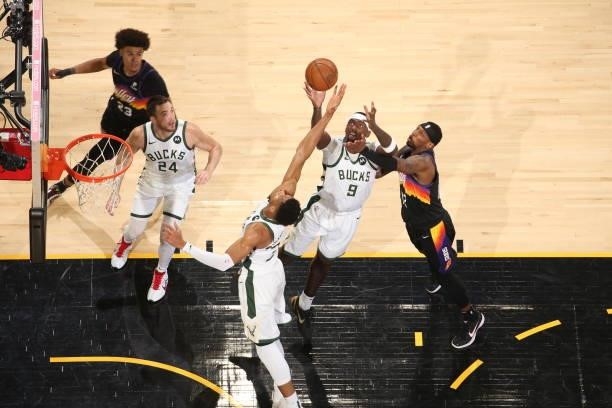 Bobby Portis of the Milwaukee Bucks rebounds the ball against the Phoenix Suns during Game Two of the 2021 NBA Finals on July 8, 2021 at Phoenix Suns...