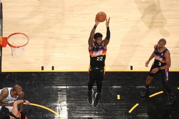 Deandre Ayton of the Phoenix Suns rebounds the ball against the Milwaukee Bucks during Game Two of the 2021 NBA Finals on July 8, 2021 at Phoenix...