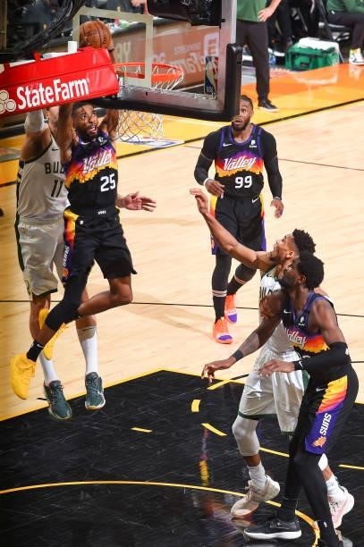 Mikal Bridges of the Phoenix Suns drives to the basket during the game against the Milwaukee Bucks during Game Two of the 2021 NBA Finals on July 8,...
