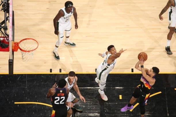 Devin Booker of the Phoenix Suns shoots the ball against the Milwaukee Bucks during Game Two of the 2021 NBA Finals on July 8, 2021 at Phoenix Suns...